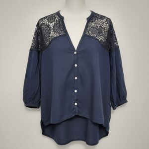 Hollister Navy Blue Lace Insert V-Neck Blouse M